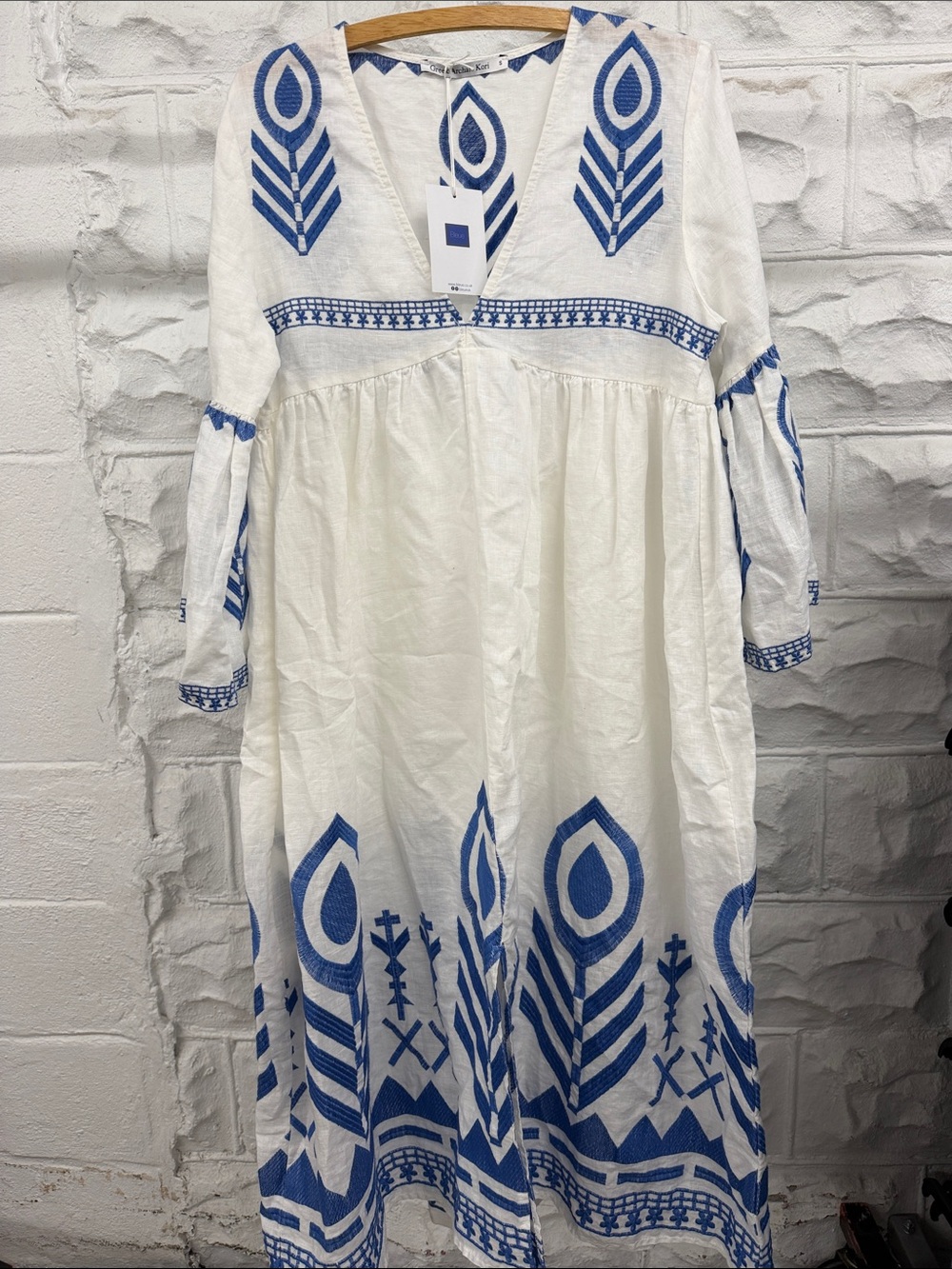 Greek Archaic Kori white and blue midi linen dress